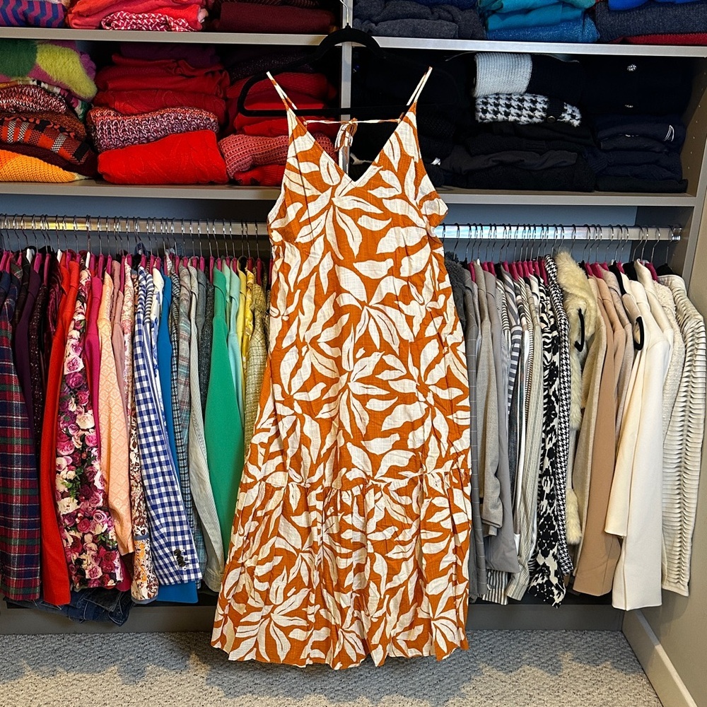 H&M orange/white print v neck tie back sleeveless tiered midi dress M - Picture 1 of 4